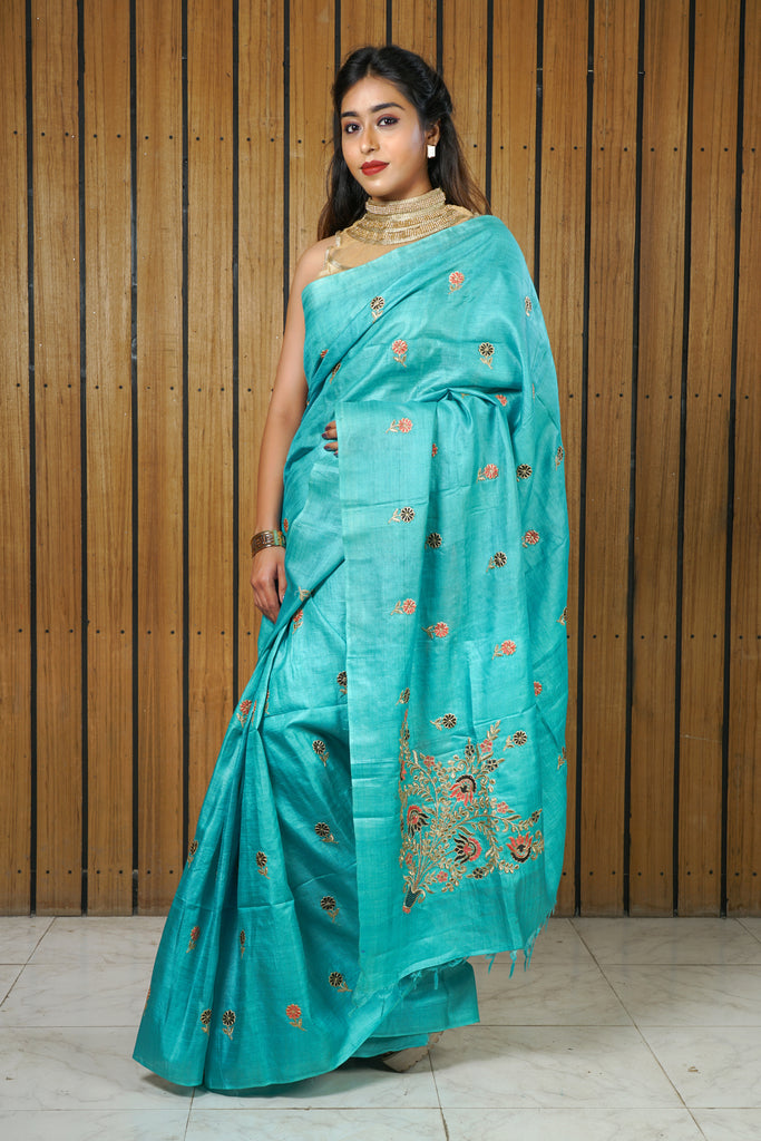 Blue Color Tussar Silk Embroidered Saree