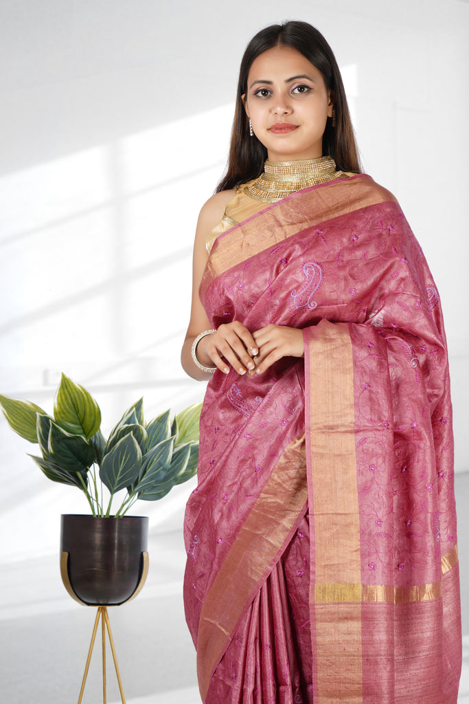 Pink Color Tussar Silk Embroidered Saree
