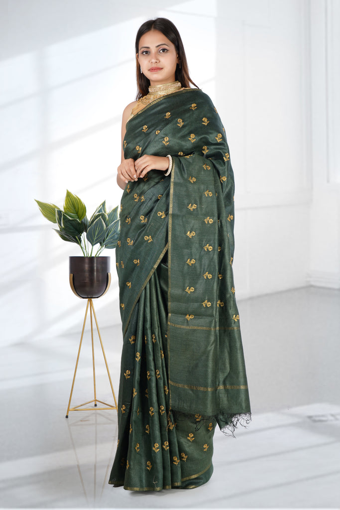 Dark Green Color Tussar Silk Embroidered Saree