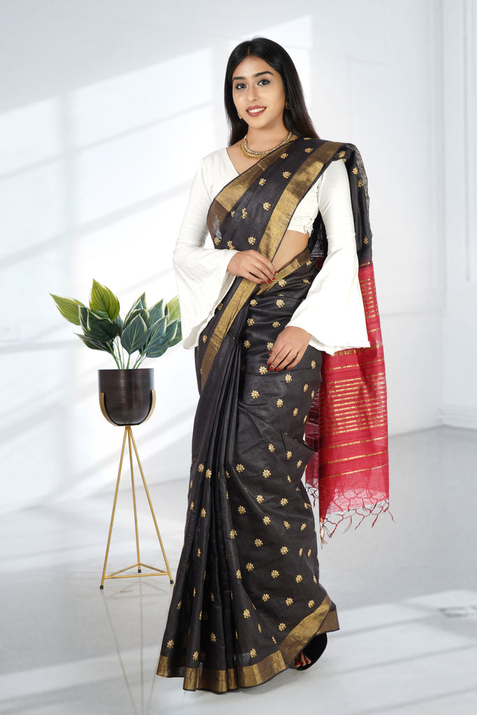Black Red Color Tussar Silk Embroidered Saree