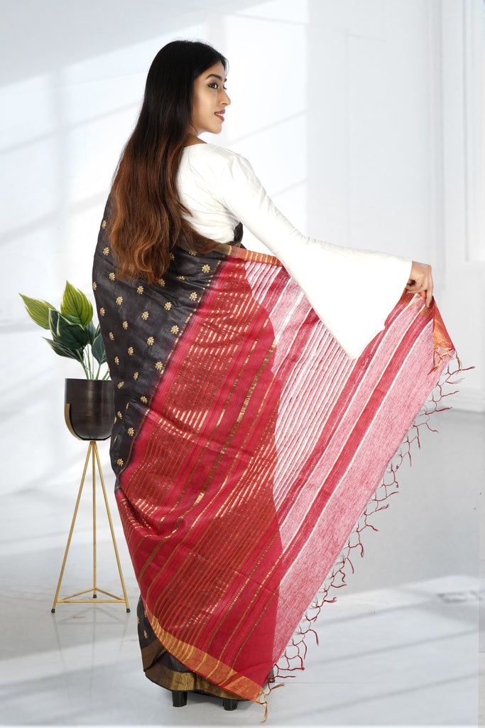 Black Red Color Tussar Silk Embroidered Saree