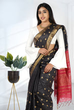 Load image into Gallery viewer, Black Red Color Tussar Silk Embroidered Saree