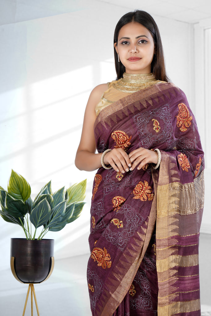 Purple Color Tussar Silk Embroidered Saree