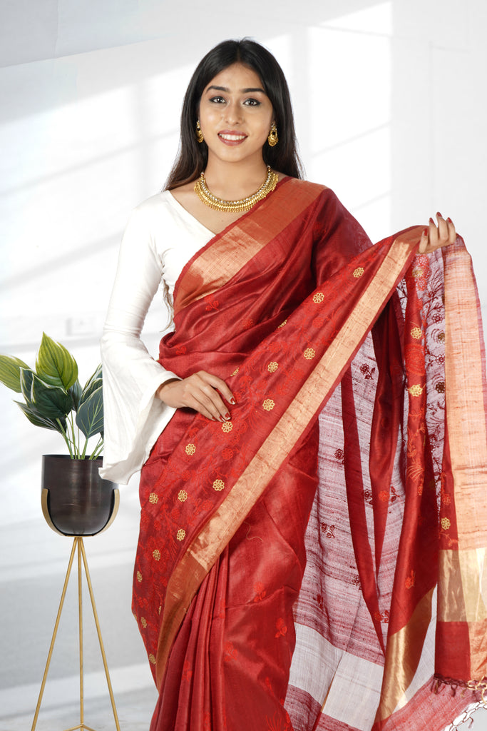 Red Color Dupion Silk Embroidered Saree