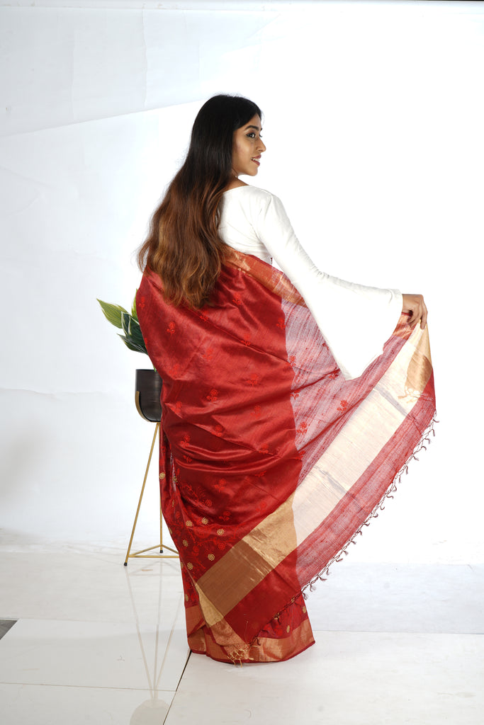 Red Color Dupion Silk Embroidered Saree