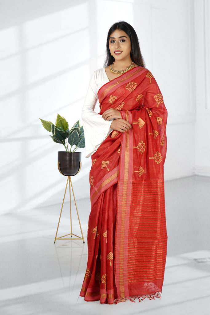 Red Color Tussar Silk Embroidered Saree
