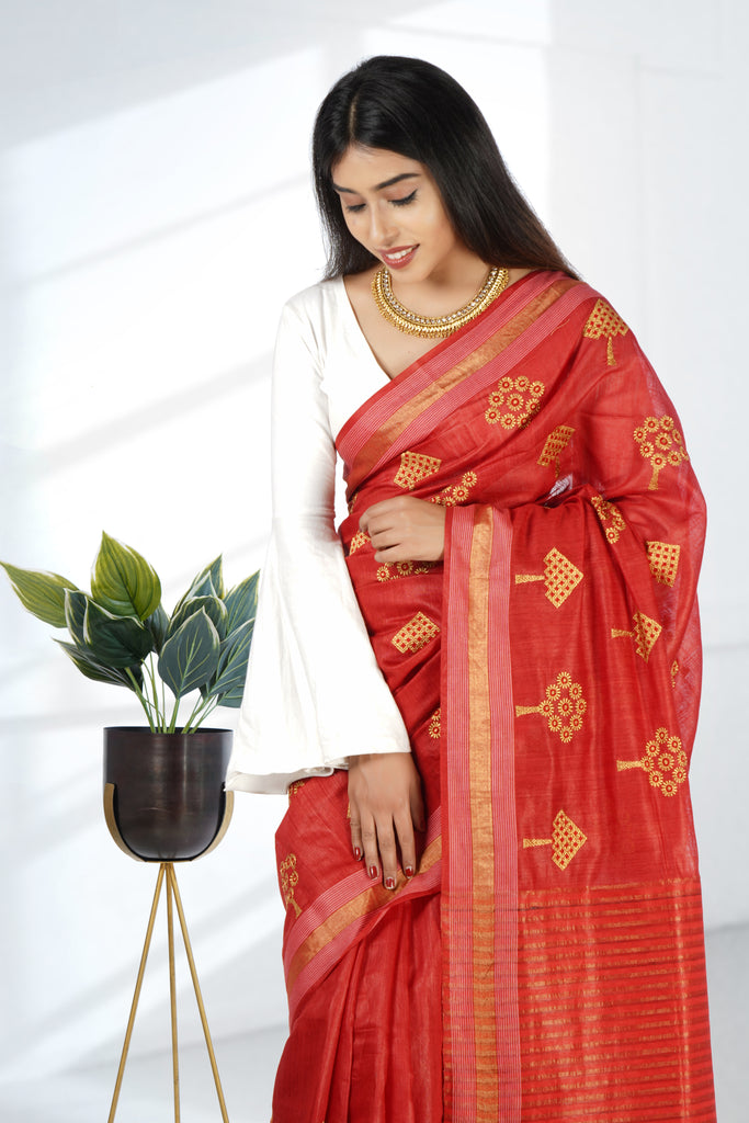 Red Color Tussar Silk Embroidered Saree