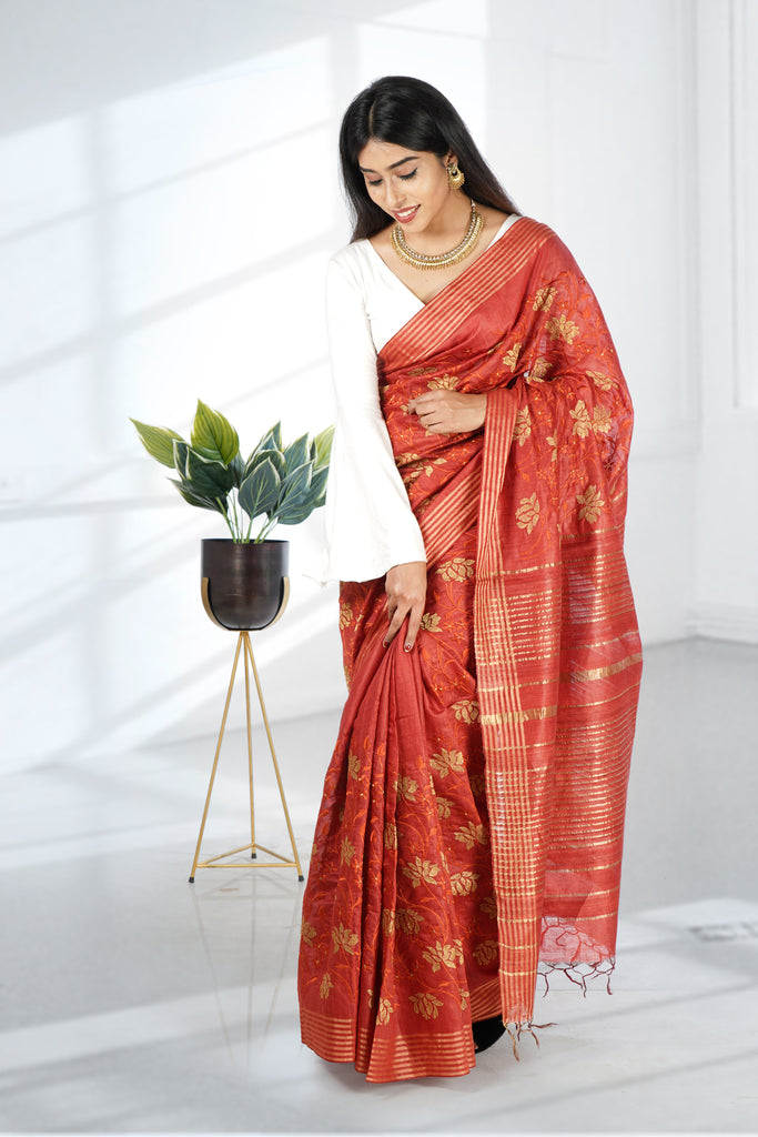 Red Color Tussar Silk Embroidered Saree