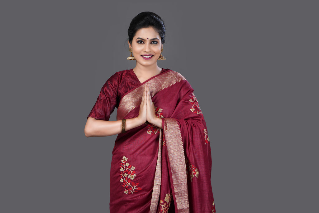 Maroon Color Tussar Silk Embroidered Saree