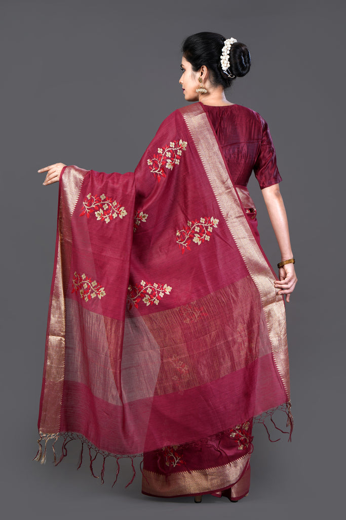 Maroon Color Tussar Silk Embroidered Saree