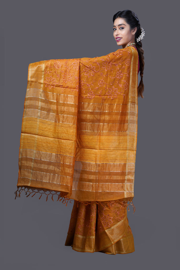 Mustard Color Tussar Silk Embroidered Saree