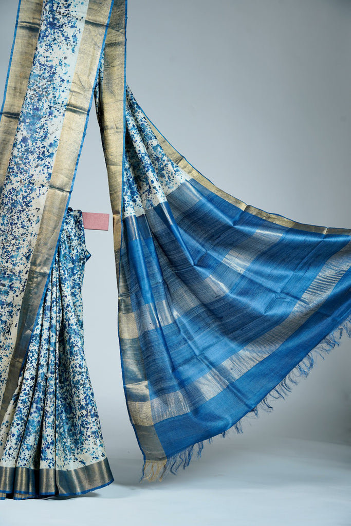 Blue White Color Tussar Silk Printed Saree