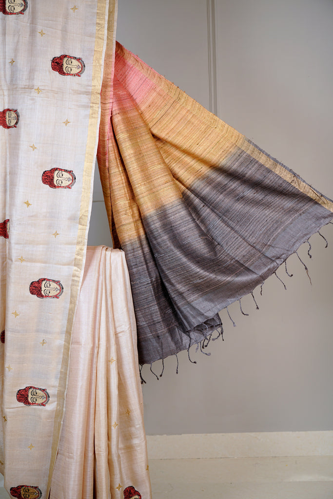 Beige Multi Color Tussar Silk Embroidered Saree
