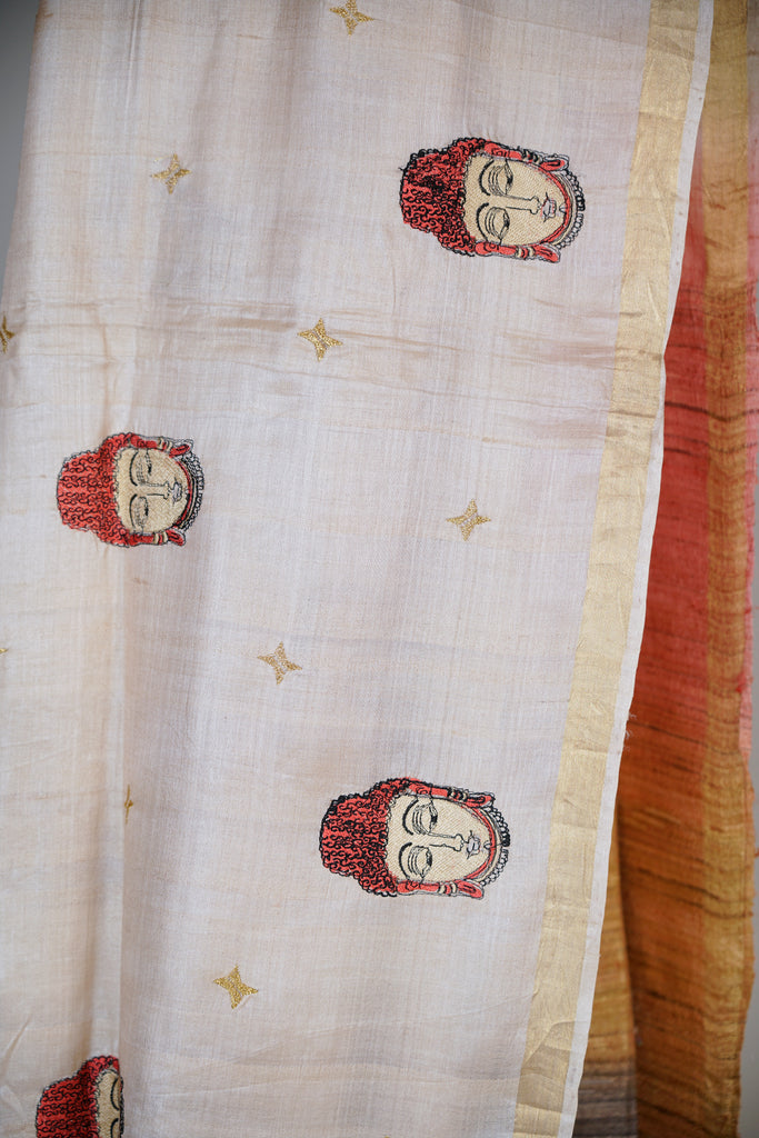 Beige Multi Color Tussar Silk Embroidered Saree