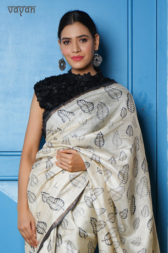 Black White Printed Tussar Saree