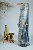 Blue White Color Tussar Silk Printed Saree