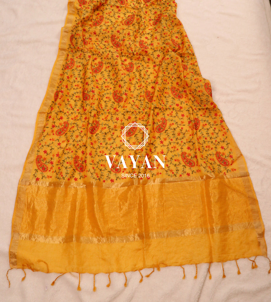 Yellow Embroidered Tussar Silk Dupatta