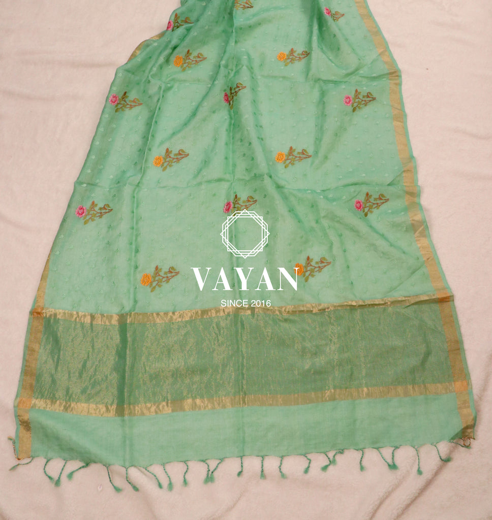 Mint Green Embroidered Tussar Silk dupatta