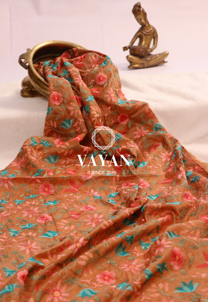 Brown Multi Embroidered Tussar Silk Dupatta